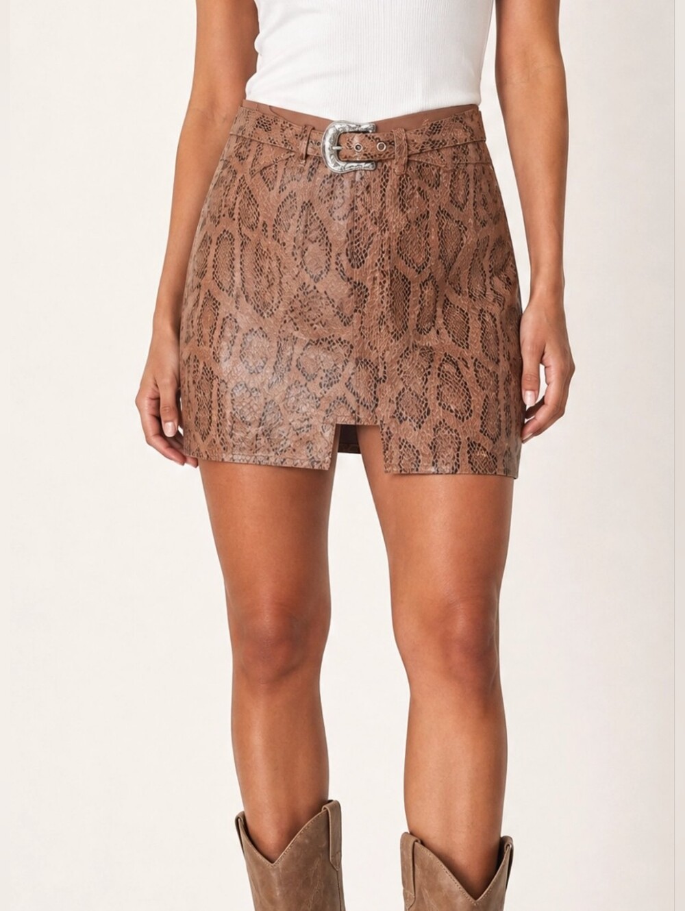 Nasty Gal Snake-Print Faux Leather Mini Skirt with Silver Buckle
